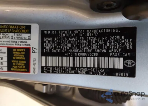 2017 Toyota Camry Se from USA, damaged, VIN 4T1BF1FK0HU775260